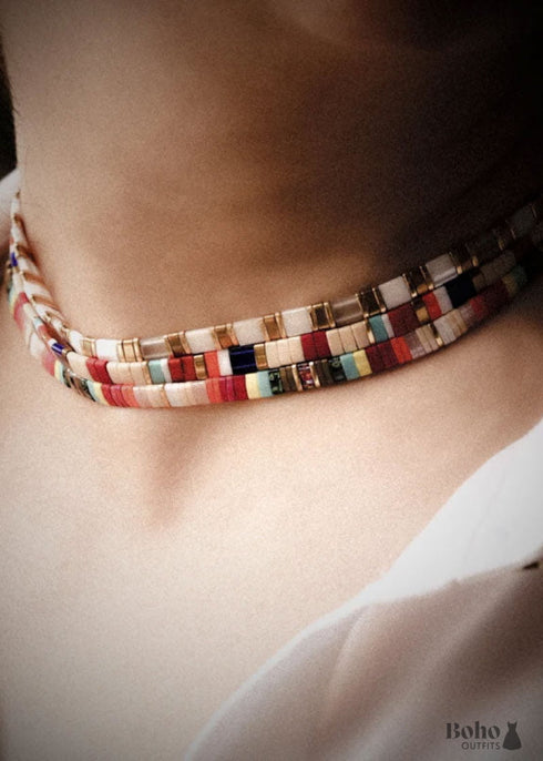 Boho Necklace, Tila Bead Choker with Bracelet, Color of Life